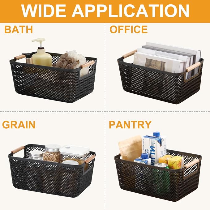Tioncy 4 Pcs Plastic Mesh Baskets with Wood Handle Woven Mesh Storage Organizer Bins Multi-function Rectangle Baskets for Home Pantries Shelves Closet Kitchens Bedrooms(10.4 x 7.2 x 4.7 Inches) - Image 7