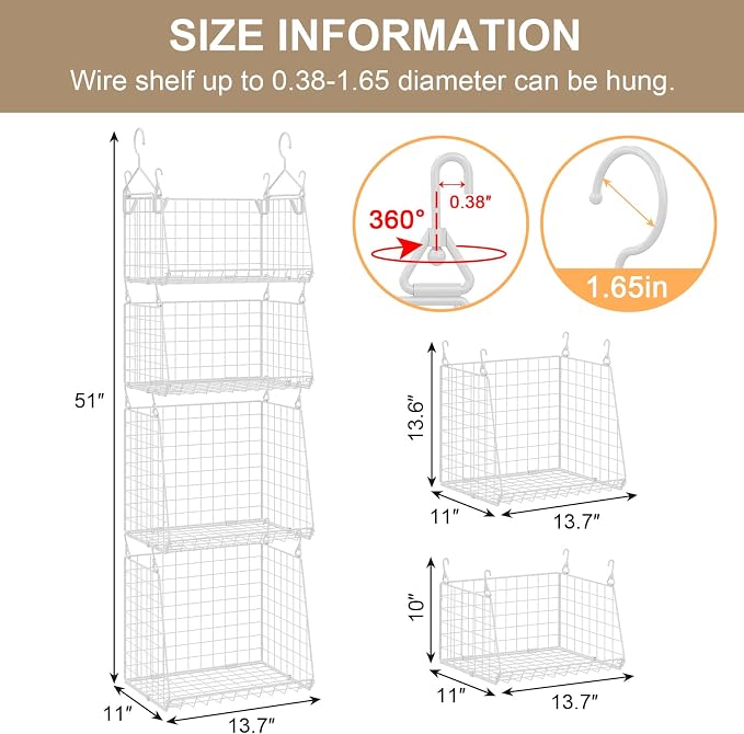 4-Tier Hanging Laundry Room Organizer: Foldable Wire Shelf Basket with 2 Large Hooks 1.65" & 360°Rotating Hooks – Space-Saving Laundry Storage Basket, for Wardrobe Closet Storage, White Patent - Image 7