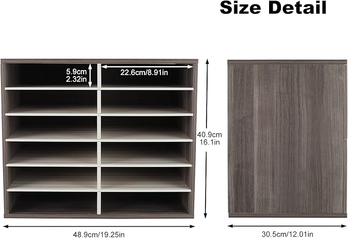 TQVAI Wood Literature Organizer, 12 Slots Hold 6000 Sheets A4 Papers, Wooden Desk Paper File Storage Organizer with Adjustable Shelves, Mailbox Cubbies for Office Home Classroom, Retro Grey/White - Image 3