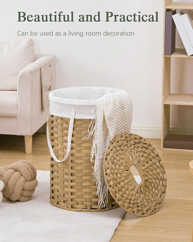 SETVSON Laundry Hamper with Lid Laundry Basket with Lid 72L, Natural | 19 Gal Round PE Rattan Hamper with Lid, Removable Washable Liner Bag, 2 Mesh Wash Bags, Steel Frame, Handles - Image 7