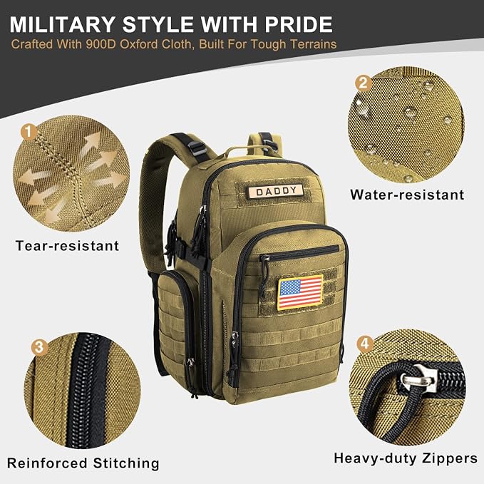 MIRACOL Military Diaper Bag for Dad - Tactical Style Baby Backpack with MOLLE & Changing Pad - 14 Compartments Rugged Design for Outdoor Travel Camping Tan - Image 4