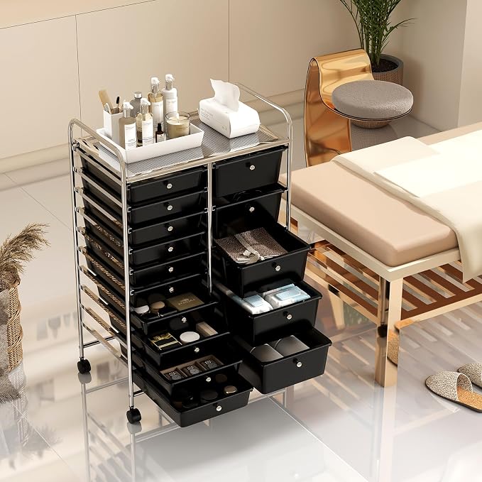 DREAMADE 15-Drawer Rolling Storage Cart, Mobile Craft Cart, Black | Utility Organizer with Lockable Wheels, Removable Plastic Drawers and Metal Frame for Home Office, Classroom and Studio - Image 9
