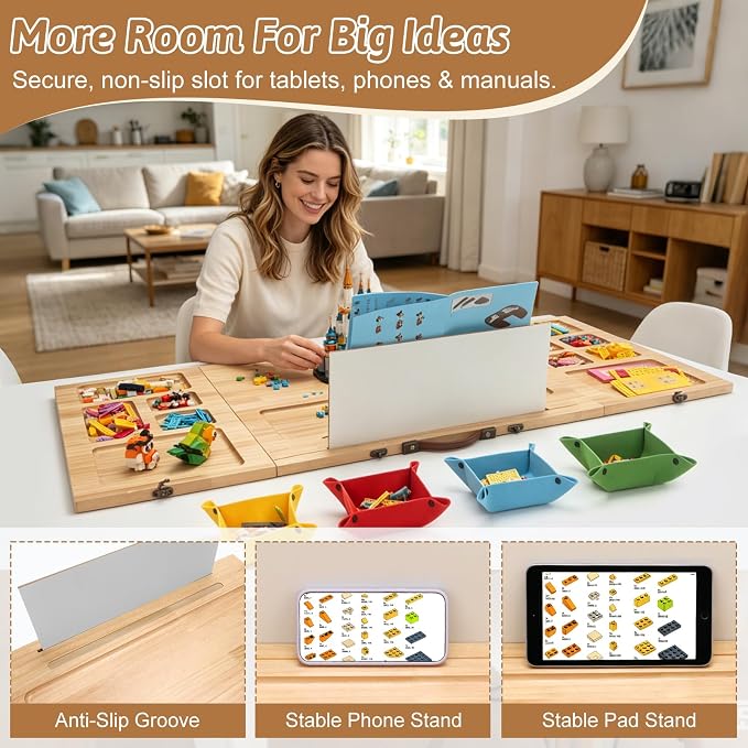Tri-fold Building Tray for Lego with 4 Bricks Sorting Trays, Large Wooden Building Baseplate Table for Adults & Teens, Portable Folding Activity Station for Construction & Storage - Image 6