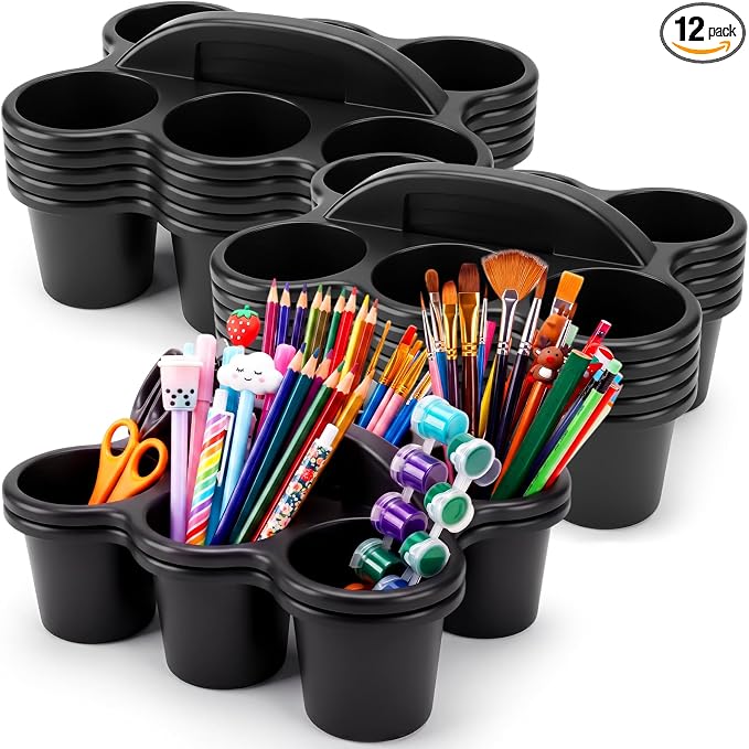 12 Pack Classroom Caddy Organizer with Handle 6 Compartment,Black | Plastic Drink Cup Caddy Holder, Portable Storage Bin, for Pencil, Glue Stick, Crayons, Marker, Table, Office, School Supplies by Unknown