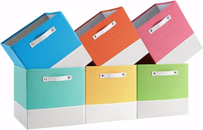 Cube Storage Bins | 11.8"x11.8"x9.8", Macaron & White, 6 Pack | Multi-Size | 2X Thick Support Board | Vegan Leather Handles | 7.7 oz/yd² Fabric | 12"x12" Drawer Insert Basket by FABINADO