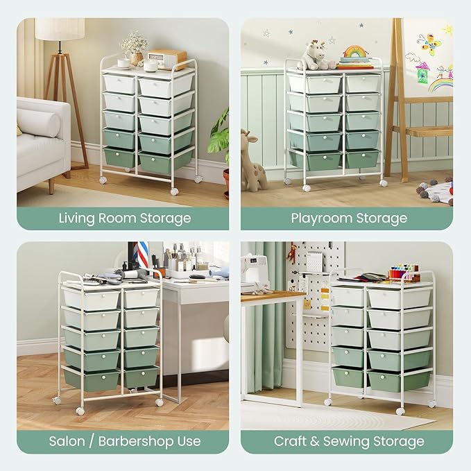 RELAX4LIFE Rolling Storage Cart with 10 Drawers - Craft Storage Cart w/Lockable Wheels, Utility Cart, Art Cart Organizer for School Studio Office Home, Utility Cart on Wheels (Gradient Green) - Image 7