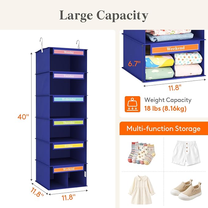 Lifewit 6 Shelf Weekly Hanging Clothes Storage Organizer for Kids, Blue | Closet Storage with Color Labels for School Outfits, Daily Clothing Divider with Days of The Week Monday to Friday Weekend - Image 4