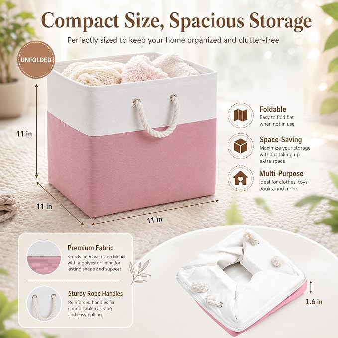 6 Pack 13x13 Inch Cube Storage Bins Fabric Square Cube Baskets, Light Pink | Light Pink Foldable Fabric Organizer with Handles, Home Closet Bin for Shelves, Durable Cube Baskets Bulk for Home Storage - Image 2