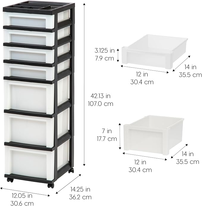 IRIS USA 7-Drawer Rolling Storage Cart, Black/Pearl | Keep classroom supplies, teacher essentials, craft materials, and learning tools organized with easy-access drawers. - Image 3