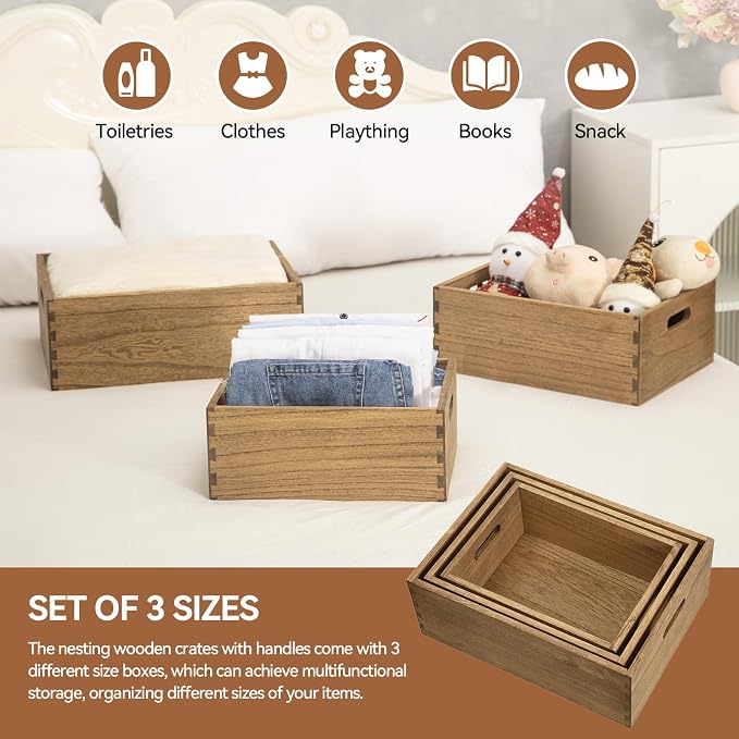 KIRIGEN Nesting Wood Crates with Handles, Set of 3 Storage Boxes Brown | 3 Different Size Decorative Box Organizer for Towels, Books, Crafts Fully Assembled - Image 2