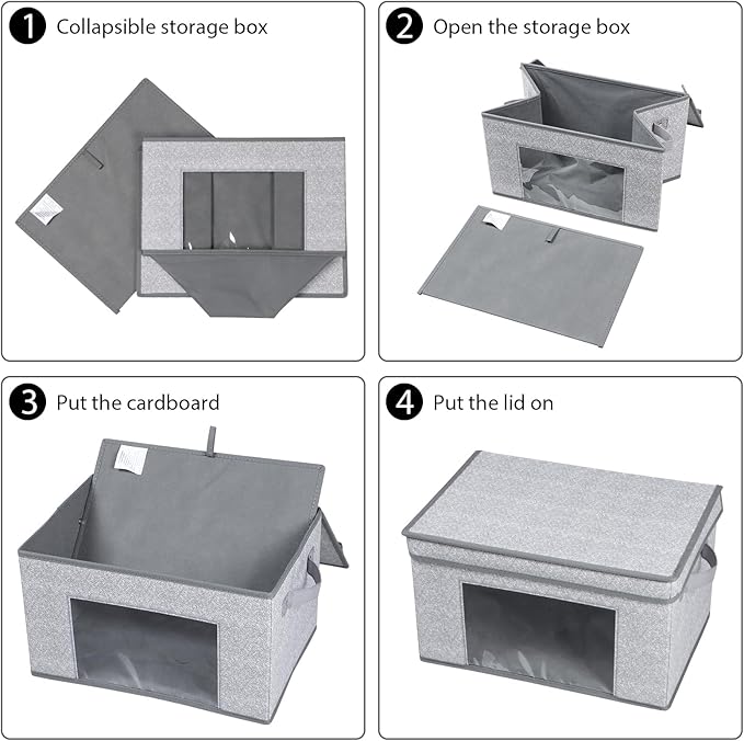 Univivi Fabric Storage Bins with Lids for Closet, 4 Pack, Grey | Fabric Foldable Storage Boxes, Sturdy Collapsible Storage Bins with Clear Window, Storage Cubes for Home, Closet, Shelves - Image 5