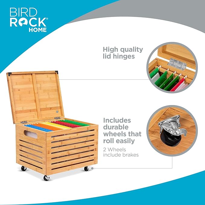 BIRDROCK HOME Rolling File Storage Organizer Box with Lid - Bamboo Decorative Wood Hanging File Box for Letter/Legal Documents, Binders, Blankets - Durable Office Organizer - Natural - Image 3
