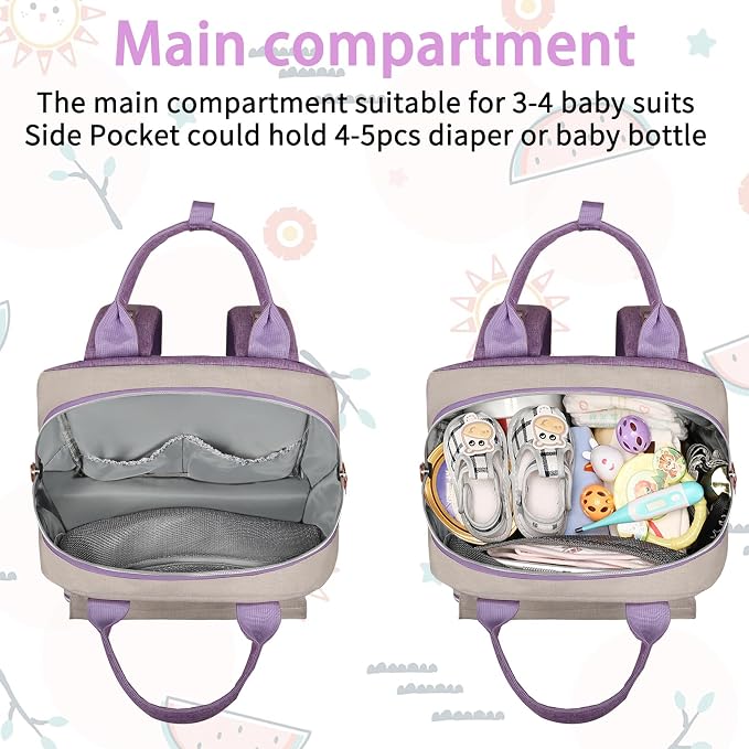 Diaper Bag Backpack, Large Unisex Baby Bags for Boys Girls, Purple Baby Nappy Diaper Bag, Multipurpose Travel Back Pack for Moms Dads with Insulated Pockets and Stroller Straps - Image 7