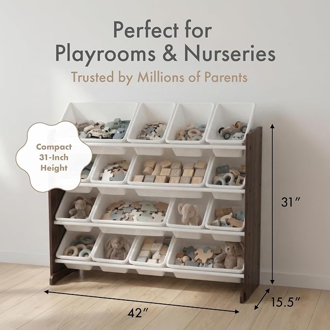 Humble Crew Kids Toy Organizer with 16 Bins, 4 Tier Storage for Playroom | Sturdy wood and steel toddler shelf, removable BPA-free containers, wall anchor anti-tip safety kit for bedroom or classroom - Image 6