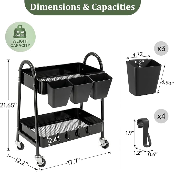 danpinera 2-Tier Rolling Cart, Utility Cart Mobile Metal Rolling Storage Cart with Lockable Wheels & Hanging Cups & Hooks for Kitchen, Bathroom, Office, Workshop, Purple - Image 2