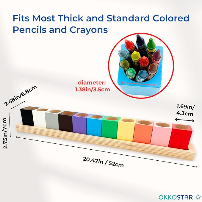 Wooden Crayon & Colored Pencil Holder, 11 Cups, Classroom (Large) | Montessori Color Sorting Caddy, 11 Beechwood Cups Plus 8 Bonus Stencils, Hold Crayons Pencils Markers, Toddler & Teacher Gift - Image 6