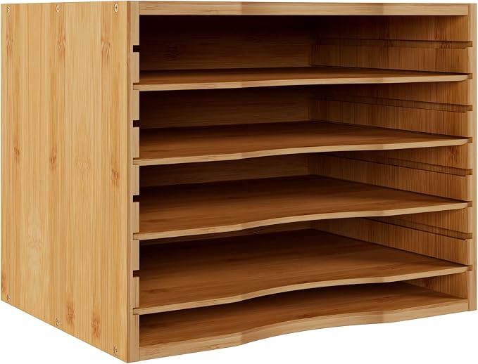 Bamjoy Bamboo 5 Tier Desktop Organizer, Paper Organizer Mail Sorter, File Holder Letter Document Storage with Adjustable Shelves for School Home Office, Natural by Bamjoy