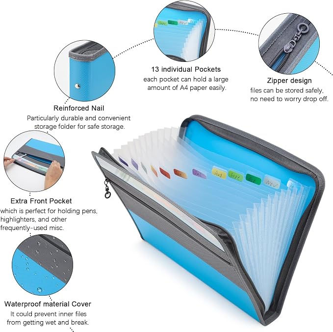 NAFY Expanding File Folders, 2Pack, 13 Pockets, A4 Letter Size, Portable Accordion, Zipper, Multicolor Labels, Office School Supplies, Black+Blue - Image 3