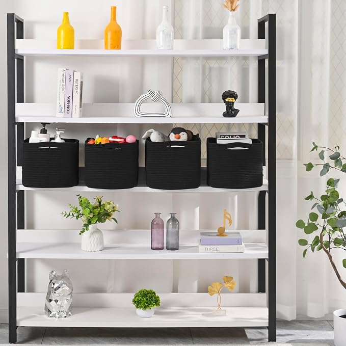 ICERZCZ Woven Cotton Rope Storage Baskets for Organizing & Shelves, Organization Bins for Dog Toys, Clothes, Books, Nursery Organizer, 15"x11"x9", Black (4 Packs) - Image 5