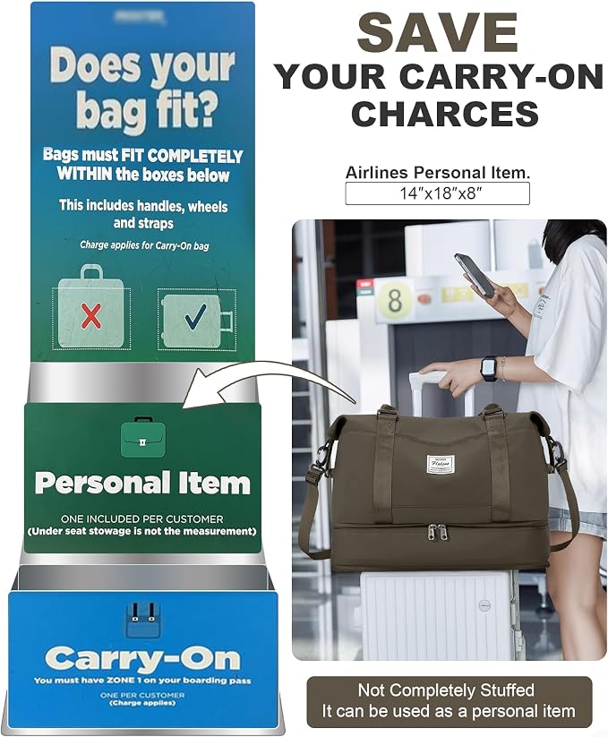 Travel Duffel Weekender Bag Women Tote Carry On Bags With Shoe Compartment | 18x14x8 inches Travel Overnight Bags with Trolley Sleeve for Airplanes Sport Tote Gym for Men Lightweight Daypack DarkBrown - Image 2