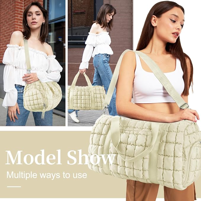 Quilted Travel Duffle Bag Gym Bag for Women,Large Puffer Duffle Weekender Bag with Compartment,Workout Overnight Carry on Organizer Bag Duffle Bag for Airplane Travel(Off-white) - Image 3
