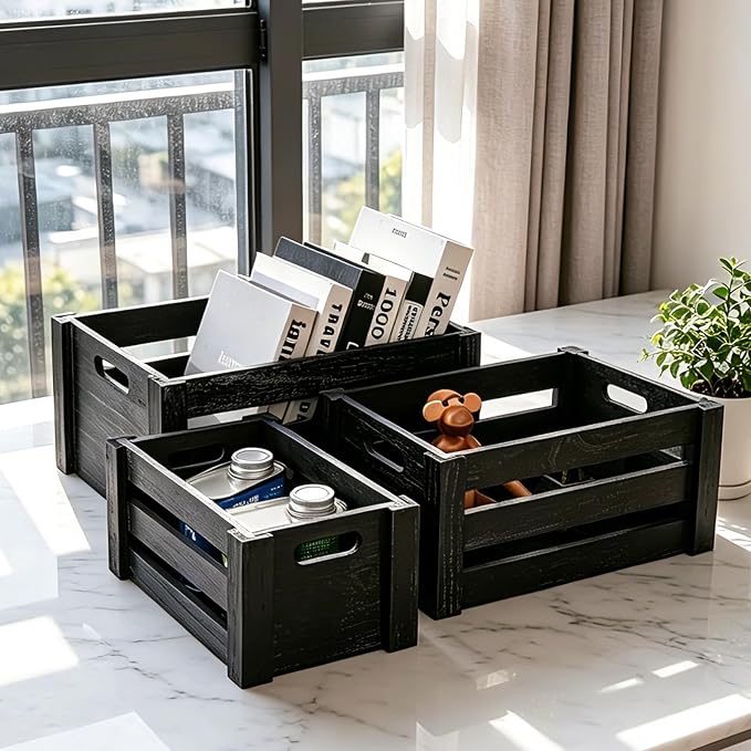 Set of 3 Nesting Wooden Crates, Small Rustic Farmhouse Wood Storage Boxes with Handles, Stackable Compact Organizer Bins for Kitchen Bathroom Bedroom Decor, 3 Sizes & 3 Colors (White, Brown, Black) - Image 4