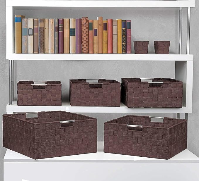 Sorbus Storage Baskets for Organizing (Set of 7), Mesh Hand-Woven Design, Linen Closet Organizers and Storage, Organizer Storage Baskets for Shelves, Variety Pack Organizers and Storage (Chocolate) - Image 5