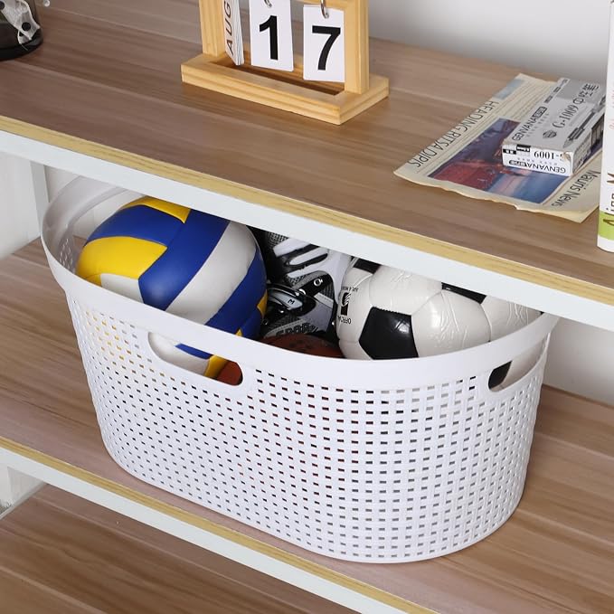 4 Pack 40L Plastic Laundry Basket, Stackable Hamper with Handles | White Laundry Storage Basket, Lightweight Design for Bathroom or Laundry Room, Easy Carry Grip - Image 6