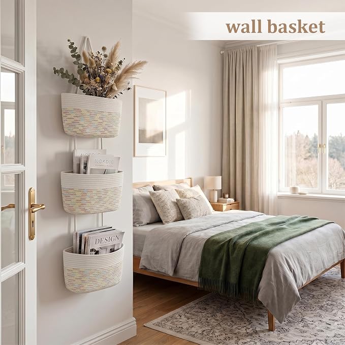 TeoKJ Over the Door Hanging Basket, 3-Tier Woven Cotton Wall-Mounted Storage Organizer Bag Decorative Hanging Nursery Baskets, White & Rainbow Stitching - Image 3