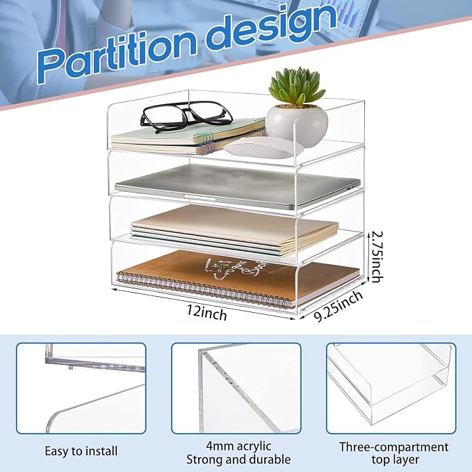 Harloon 4 Tier Paper Organizer Letter Tray Acrylic Desk File Organizer Heavy Duty Stackable Documents Clear Letter Paper Holder Sorter Office Tray for A4, Office Classroom Home File Pad Notebooks - Image 2