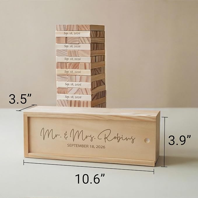 Personalized Wedding Jumbling Tower Guest Book, Engraved Box | Wooden wedding alternative with 54 signing blocks and a 10.6 x 3.9 x 3.54 in keepsake box for lasting memories - Image 8