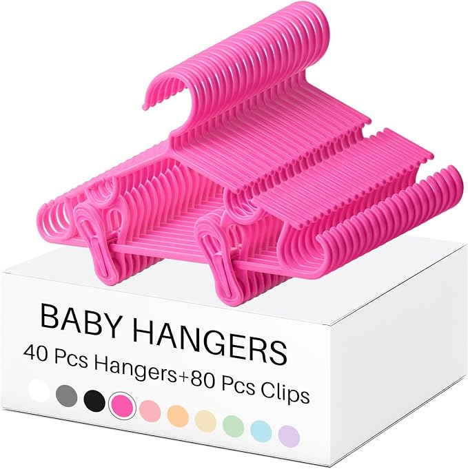 Hsei Baby Hanger with Clip for Pant,120 Packs Total,Hot Pink,10.6 Inch | 40 Kids Plastic Hanger with 80 Clips for Newborn, Nursery, Daycare, Preschool, Closet, Wardrobe Organizer for Baby Shower by Hsei