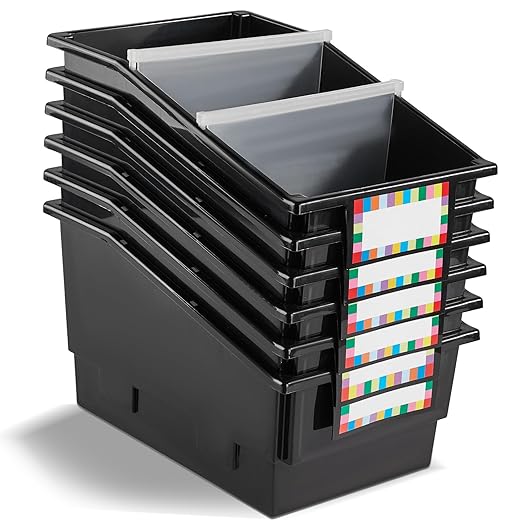 6 Pack Picture Book Bins with Dividers Plastic Book Holders with Labels Stackable Classroom Organization Bins Magazine File Binder Holder Storage Container for Classroom Library Home Office(Black) by gisgfim