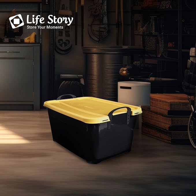 Life Story 12 Pack Heavy Duty Stackable Storage Bin, 55 Quart Home Organizer, Versatile Lightweight Locking Bins with Carrying Handles, Black/Yellow - Image 4