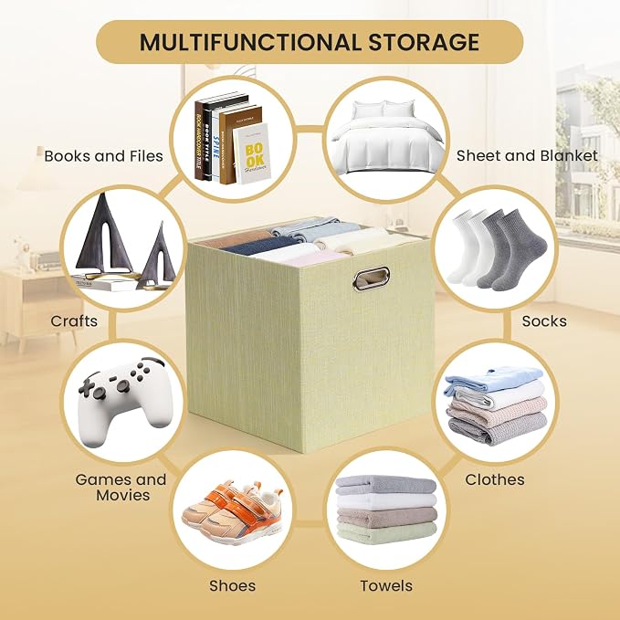 Posprica Storage Cubes, 13 x 13 x 13 Inches Fabric Bins with Double Handles，Cubes Basket Containers, For Shelf Cabinet Bookcase, Closet Organizers for Shelves, Foldable-Set of 4, Yellow/Beige mixed - Image 5