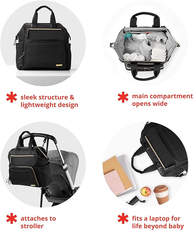 Skip Hop Diaper Bag Backpack: Mainframe Large Capacity Wide Open Structure with Changing Pad & Stroller Attachement, Black with Gold Trim - Image 2