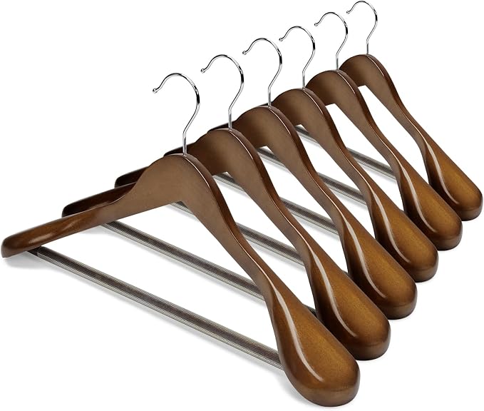 HOUSE DAY Wide Shoulder Wooden Hangers, Suit Hangers with Non Slip Pants Bar, Smooth Finish 360° Swivel Hook Solid Wood Coat Hangers for Dress, Jacket, Pants, Heavy Clothes Hangers 6 Pack (Walnut) by HOUSEDAY