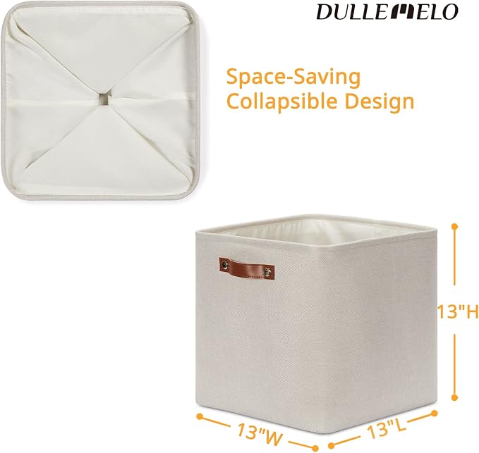DULLEMELO Storage Bins, 4 Pack Of 13x13x13 Decorative Storage Cube Bins Suit Office, Home, Shelves And Closet, Cube Storage Bin with Leather handle(4 Pack - 13" Beige) - Image 3