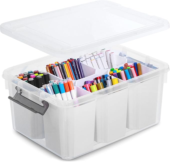 Citylife 17QT Craft Organizers and Storage bins with Lids, Marker Organizer | Clear Plastic, Art Supply Organizer for Markers, Crayons and Crafts, 6 Detachable Inserts, Versatile Stackable, No Assembly by CITYLIFEHomeOrganization