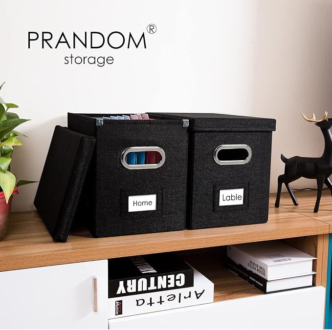 File Organizer Box - Set of 4 Collapsible Decorative Linen Filing Storage Hanging File Folders with Lids Office Cabinet Letter Size Black (14x9.3x10.8 inch) - Image 2