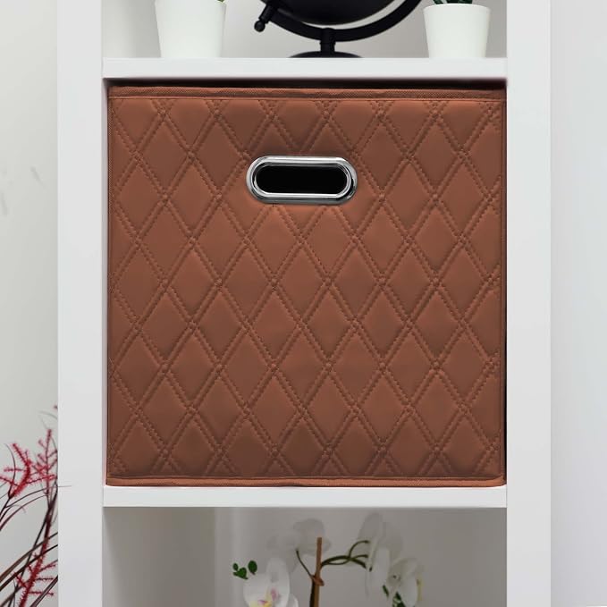 Small 11-inch Brown Foldable Diamond Patterned Faux Leather Storage Cube Bins Set of Four with Handles with Dual Handles for living room, bedroom and office storage - Image 2