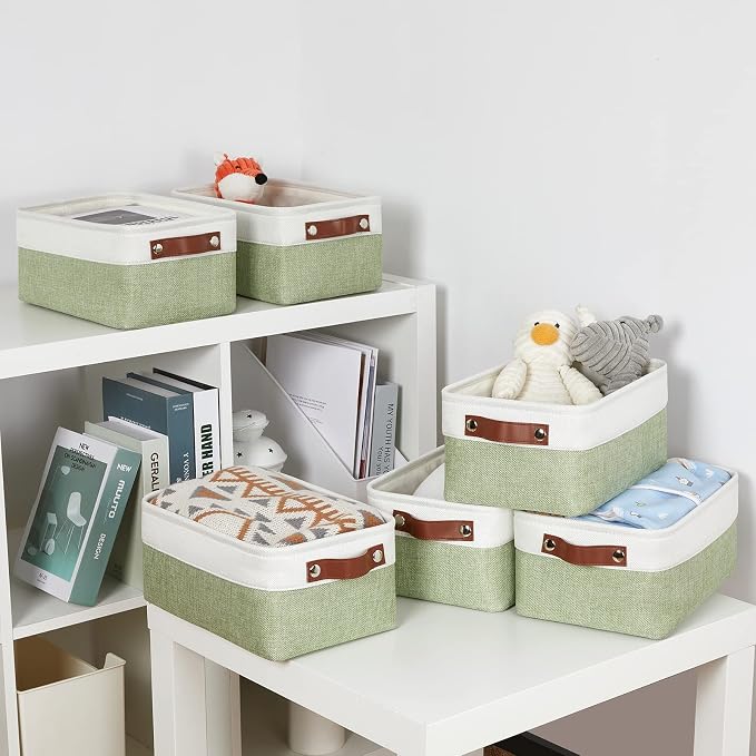 DULLEMELO Storage Baskets for Shelves, Small Fabric Collapsible Rectangular Storage Baskets for Organizing, Closets, Nursery, Home, Office, Empty Gift Baskets (6-Pack, White&Green) - Image 7