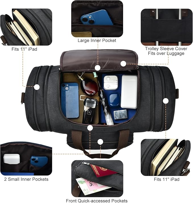 Litvyak 50L Canvas Duffle Bag for Travel Weekender Gym Overnight Carry-on | Expandable, Eco Certified, Leather Accents, Toiletry Bag Inclued, Travel Weekend Luggage Sports Duffel Bag for Women Men - Image 4