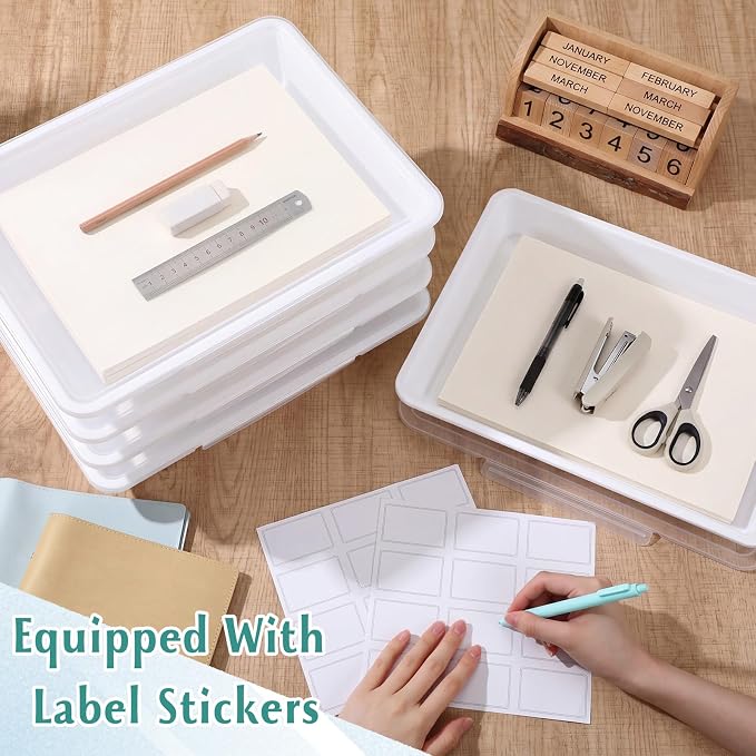 12 Pcs Classroom Paper Storage Bins with Clear Latching Lid, Label Stackable Letter Size Flat Tray Container for Teacher Back to School Supplies Home Office Desk Arts Crafts (White,13x10in) - Image 5