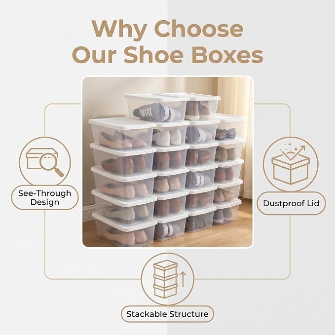 20-Pack 6 Qt Clear Plastic storage bins with lids, Stackable Organizer | Clear durable plastic shoe boxes neatly in closets, shelves & cabinets. 6 qt storage bins for home, kitchen & office. - Image 2