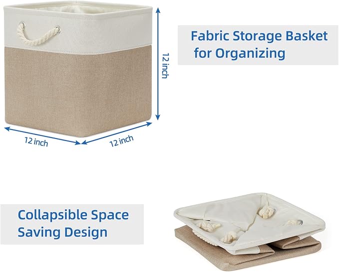 Temary 4 Pack Cube Storage Bins Cloth Baskets for Shelf, Fabric Storage Cubes 12 x 12 Baskets Gift Empty Basket with Handles, Basket for Storage (White&Khaki) - Image 7