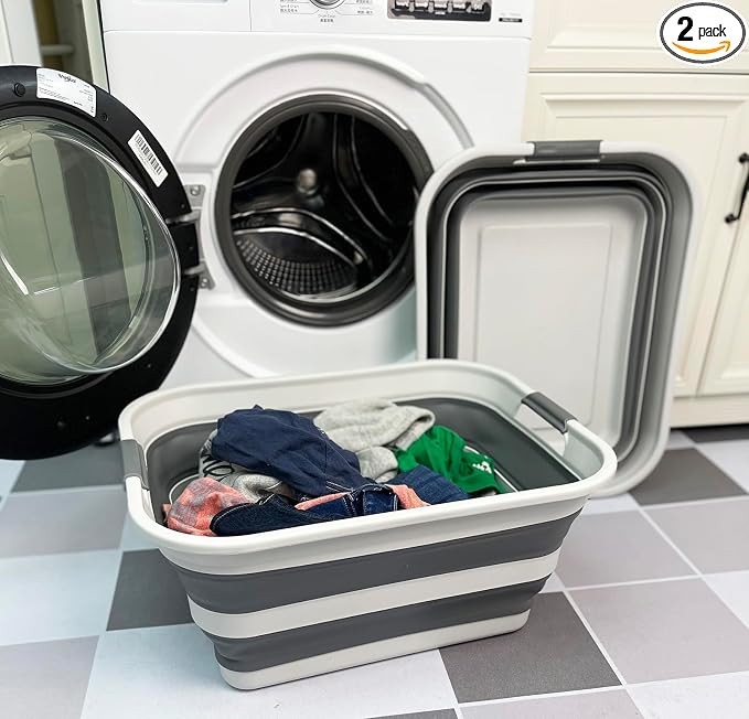 SAMMART Set of 2 Collapsible Plastic Laundry Basket - Foldable Pop Up Storage Container/Organizer - Portable Washing Tub - Space Saving Hamper/Basket (Grey/Steel Grey, 42L) by SAMMART