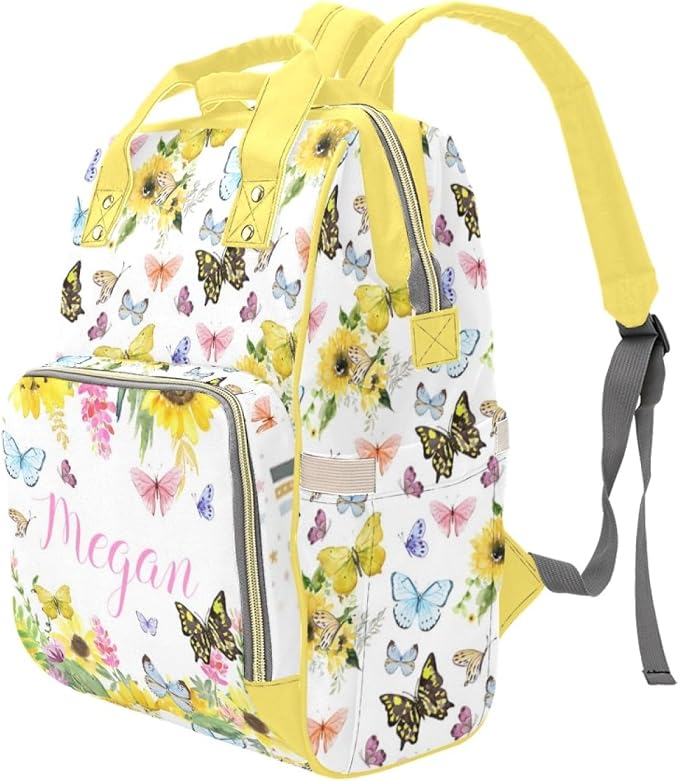 Customized Sunflower Butterfly Diaper Bag for Boys Girls Baby, Personalized Mommy Daypack with Name, Nylon Waterproof Backpack for Travel, Custom Gift for Women - Image 2