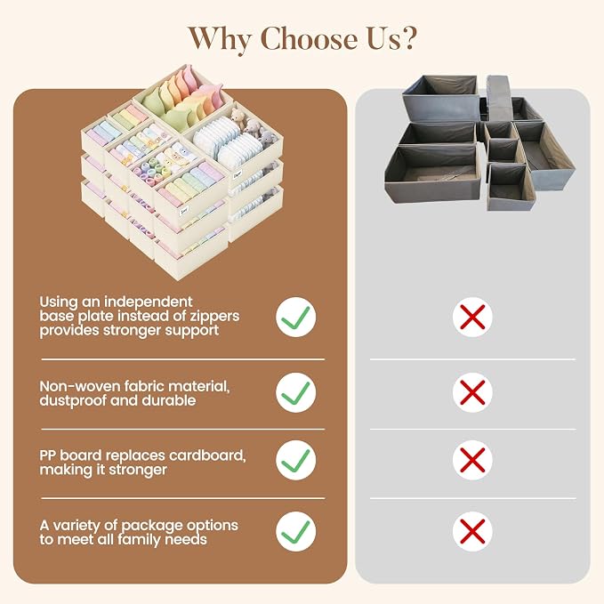 Drawer Organizer Clothes 21 Pack Washable Fabric Closet Storage Bins Flat Bottom Board Dresser Dividers for Bedroom Wardrobe Nursery Clothes Socks Underwear Bins, Beige - Image 6