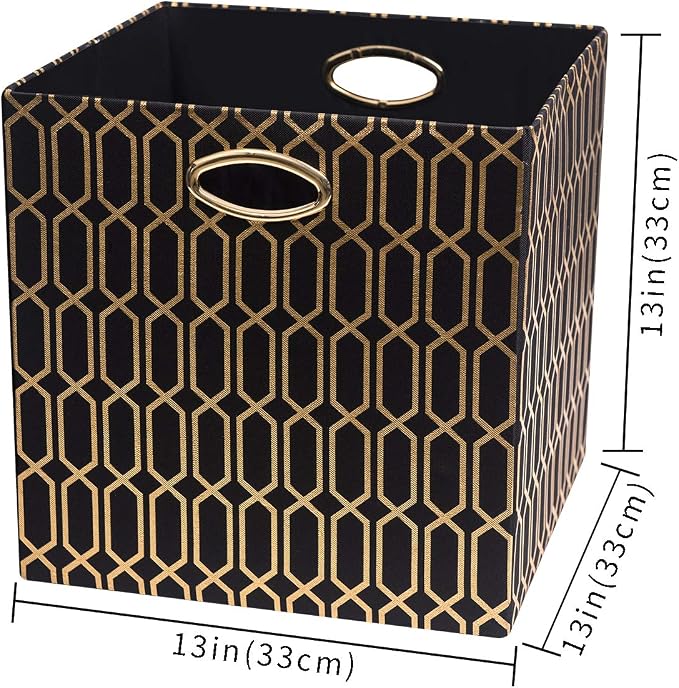 Posprica Storage Bins, Storage Cubes,13×13 Fabric Drawers Organizer Basket Boxes Containers (13×13×13/4pcs, Black/gold geometry Pattern) - Image 3